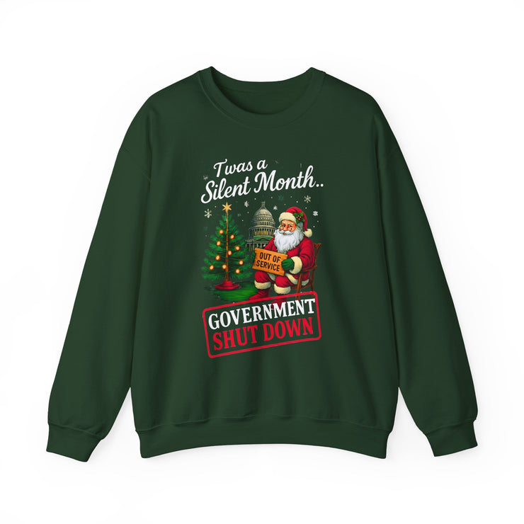 🎅 “’Twas a Silent Month… Government Shut Down” Unisex Sweatshirt | Santa Holiday Humor 🎄