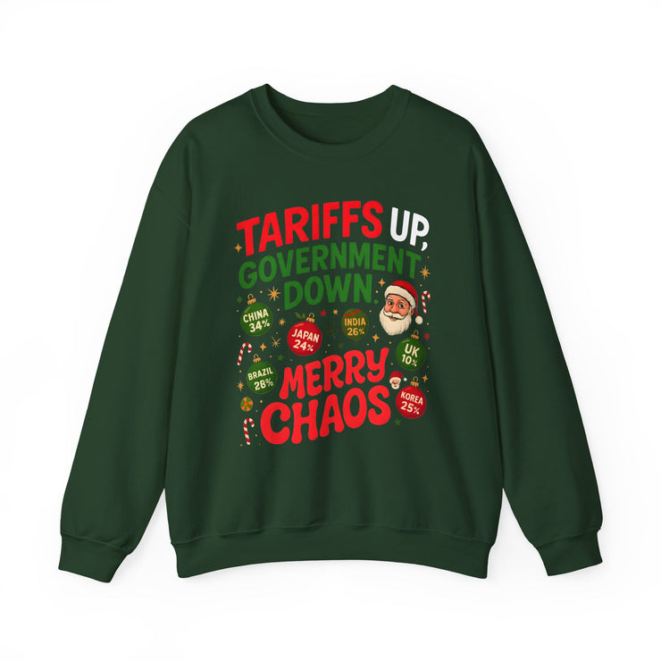 "Tariffs Up, Government Down, Merry Chaos” Unisex Sweatshirt | Political Christmas Humor