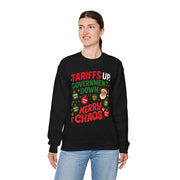 "Tariffs Up, Government Down, Merry Chaos” Unisex Sweatshirt | Political Christmas Humor