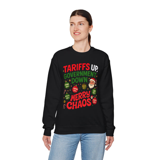 "Tariffs Up, Government Down, Merry Chaos” Unisex Sweatshirt | Political Christmas Humor
